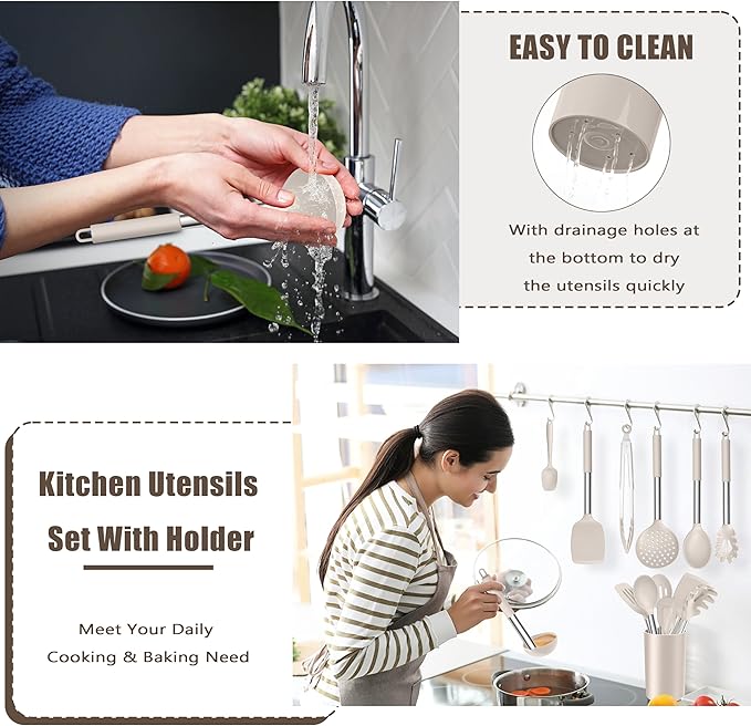 E-far 14 Pieces Silicone Cooking Utensils Set, Kitchen Utensils Set with Holder, Spatula, Ladle, Spoon, Tong, Slotted Turner for Nonstick Cookware, Heat Resistant & Stainless Steel Handle, Khaki - Image 7
