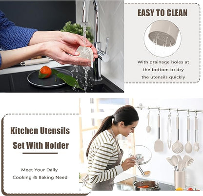 E-far 14 Pieces Silicone Cooking Utensils Set, Kitchen Utensils Set with Holder, Spatula, Ladle, Spoon, Tong, Slotted Turner for Nonstick Cookware, Heat Resistant & Stainless Steel Handle, Khaki - Image 7