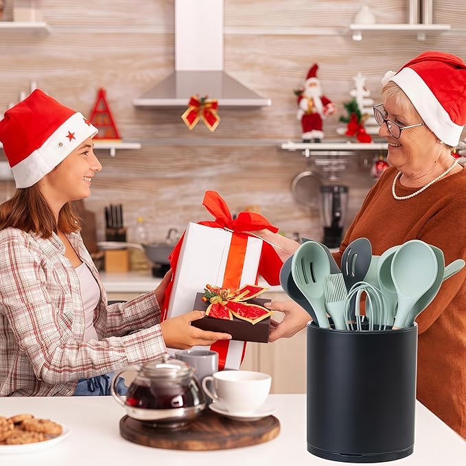 LIBODOUR Kitchen Utensil Holder Extra Large 360°Rotating For Counter Organizer Stainless Steel Storage Cooking Silverware Caddy 3 Compartment Flatware Spoon Spatula Tool Cutlery Container（Black） - Image 2