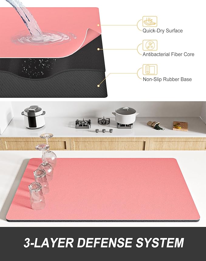 Rnivvi Dish Drying Mat for Kitchen Counter, 12 x 19" Super Absorbent Drainer Pad Easy Clean Dish Rack Pad, Non-Slip Heat Resistant Coffee Bar Mats for Coffee Machine Station Accessories, Rose Pink - Image 4