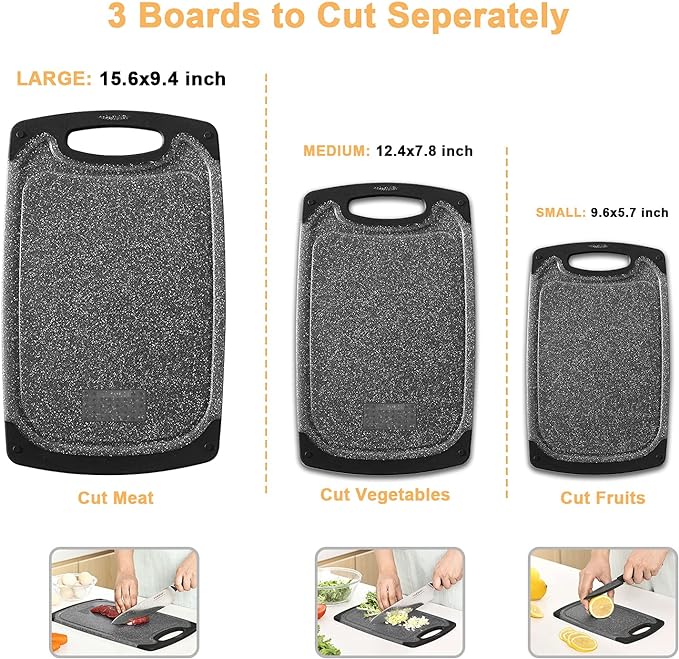 Viretang Plastic Cutting Boards Set of 3 Extra Large for Kitchen, Thick Chopping Board with Deep Juice Grooves, Non‑Slip Feet, Easy Grip Handle, BPA Free, Dishwasher Safe,Black - Image 2