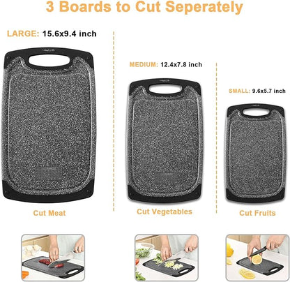 Viretang Plastic Cutting Boards Set of 3 Extra Large for Kitchen, Thick Chopping Board with Deep Juice Grooves, Non‑Slip Feet, Easy Grip Handle, BPA Free, Dishwasher Safe,Black - Image 2