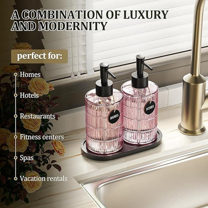 MASADI Soap Dispenser Set with Bamboo Tray, Dish and Hand Soap Lotion Dispenser Set with Wooden Pump for Kitchen and Bathroom Decor for Counter, Modern Vintage Liquid Soap Dispensers (Pink&Black) - Image 3