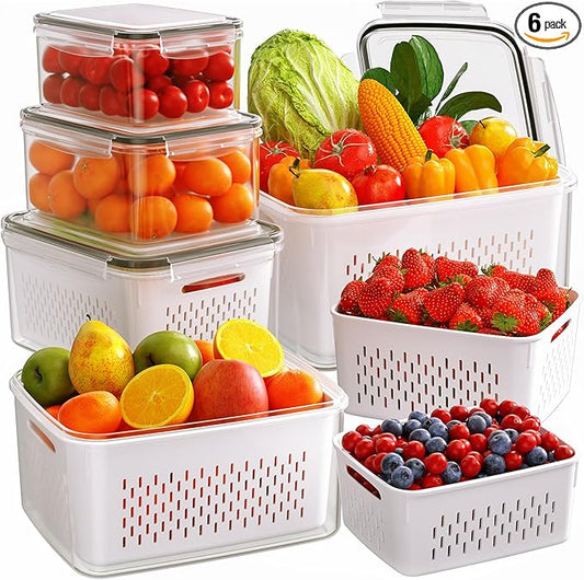 6 PCS Fruit Storage Containers for Fridge with Removable Colanders, 6 Plastic Food Storage Containers with 6 Lids, Leakproof Produce Containers Keep Fruits, Vegetables, Berry, Meat Fresh Longer by HelpYouSaveMoreSpace