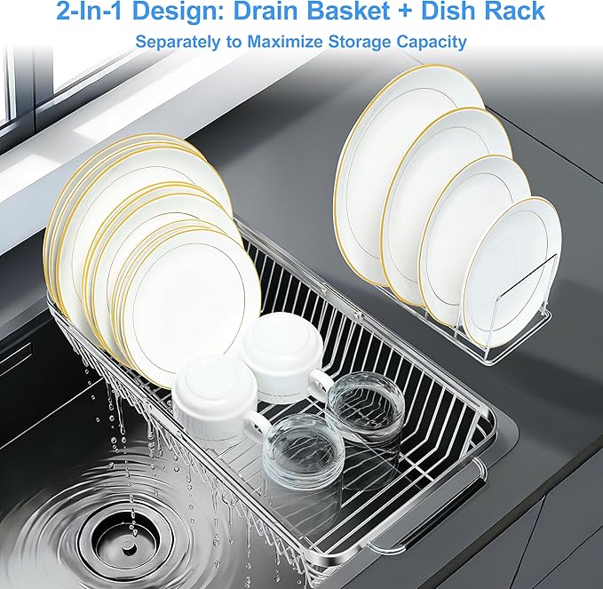 Dish Drying Rack Over The Sink, Stainless Steel Dish Racks for Kitchen Counter, Expandable Drainer for Kitchen Sink Organizer, 2-in-1 Extend Drain Basket and Plates Holder for Utensil Storage