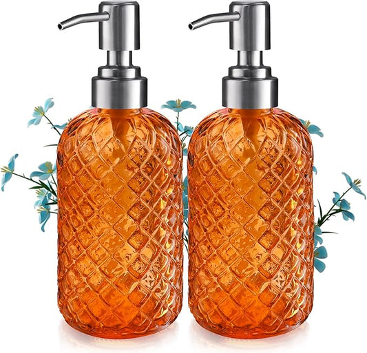 14 Oz Refillable Glass Soap Dispenser with Rust Proof Stainless Steel Pump, for Dispense Hand soap, Body wash, Lotion 2pack (Orange)