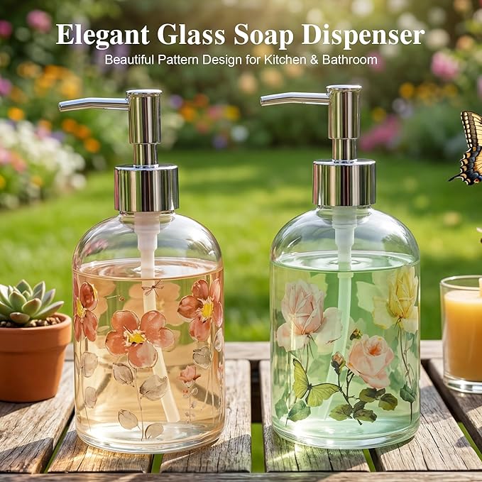 17oz Glass Soap Dispenser with Plastic Pump, 2 Pack Refillable Kitchen Soap Dispenser for Dish Soap, Soap Dispenser Bathroom for Hand Soap, Lotion, Body Wash(Flower)