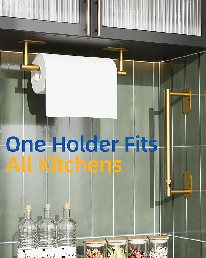 RUACQ Paper Towel Holder Under Cabinet, Wall Mounted or Adhesive Stainless Steel Paper Towel Holder,Round Base Paper Towel Rack for Kitchen, RV, Bathroom (Brushed Gold)