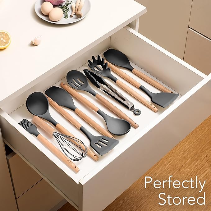 11-Piece Silicone Kitchen Utensils Set with Non Toxic Spatula, Tongs, Whisk, Turner & Ladle – Heat Resistant, Non-Scratch Cooking Tools with Wooden Handles, BPA-Free, Dishwasher Safe (Black) - Image 6