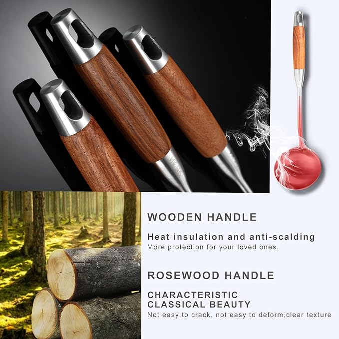 Stainless Steel Kitchen Utensils Set with Wooden Handle for Cooking 9 PCS with Solid and Slotted Spoon, Fork, Spatula, Ladle, Skimmer, Slotted Tunner, Spaghetti and Large Spoon - Image 4