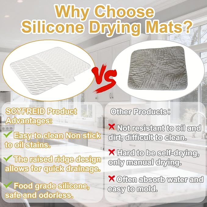 Silicone Dish Drying Mat 23x17,Food-Grade Silicone,Easy Clean Pad for Countertop Protection,Heat Resistant,Easy Clean,Non-Slip Drain Pad with Built-in Drain,Multi-Functional Use,White - Image 4