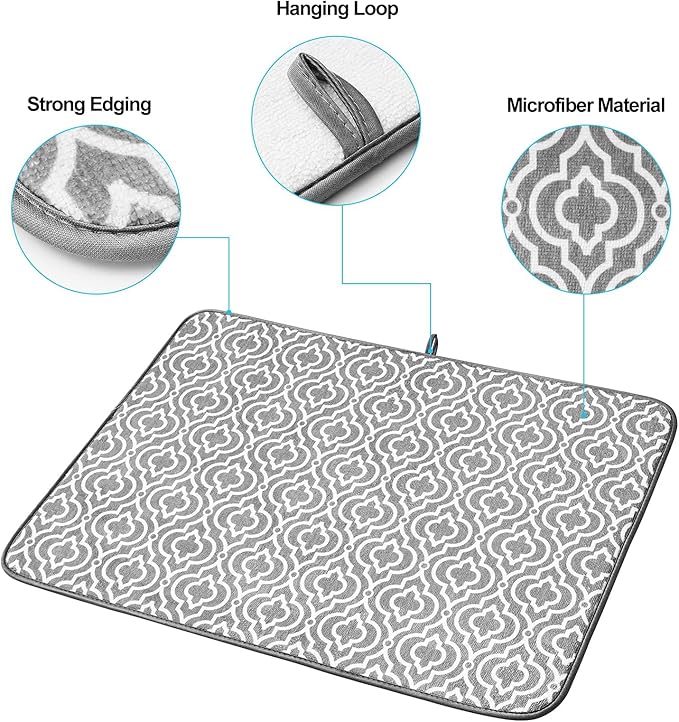 SUBEKYU 24" x 18" Dish Drying Mat, Dish Mat Drying Kitchen Mat Large, Absorbent Microfiber Dish Drainer/Rack Pads, XL, Grey, 2 PACK - Image 4