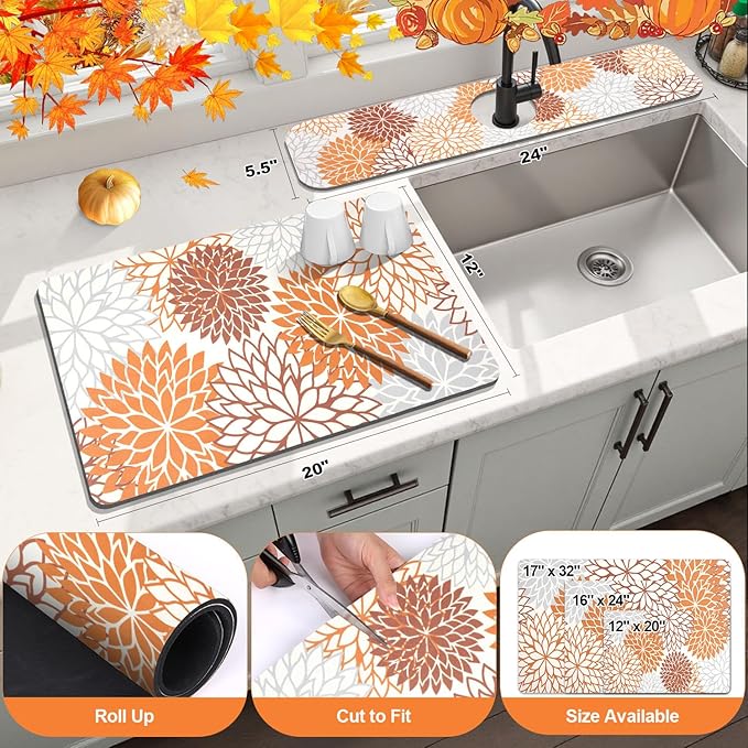 Findosom 2PCS 12" x 20" Fall Dish Drying Mat & 24" x 5.5" Sink Splash Guard, Super Absorbent & Cuttable Dish Mat Drying Kitchen Mat with Orange Floral, Hide Stain Drying Mat for Kitchen Counter - Image 2
