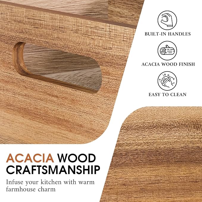 Acacia Wood Kitchen Utensil Holder for Countertop, Large Wooden Utensils Holder with 4 Compartment, Farmhouse Utensil Caddy with Drawer for Storage Cooking and Silverware