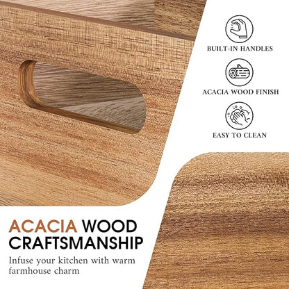 Acacia Wood Kitchen Utensil Holder for Countertop, Large Wooden Utensils Holder with 4 Compartment, Farmhouse Utensil Caddy with Drawer for Storage Cooking and Silverware