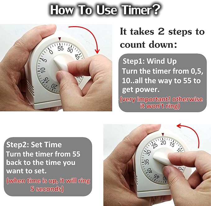 60 Minute Wind Up Timer, Visual Mechanical Timer with Loud Alarm, Manual Countdown Timers for Classroom, Home, Study and Cooking (White) - Image 3