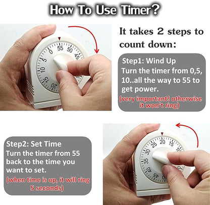 60 Minute Wind Up Timer, Visual Mechanical Timer with Loud Alarm, Manual Countdown Timers for Classroom, Home, Study and Cooking (White) - Image 3