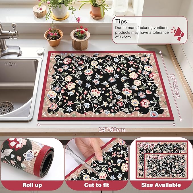 LOKHOM Floral Dish Drying Mat, 18"x24" Super Absorbent Non-slip Bordered Coffee Mat with Oil Painting Black Floral, Cuttable Hide Stain Drying Mat for Kitchen Counter Coffee Maker Espresso Machine - Image 2