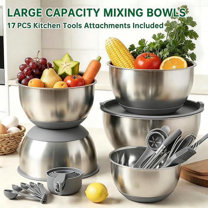 Deedro Premium Mixing Bowls with Airtight Lids Set, 22Pcs Thicker Stainless Steel Mixing Bowl Set, Large Prep Metal Bowls, Non-Slip Silicone Base Nesting Bowls for Kitchen, 1.5/2/3/4/5 QT, Gray - Image 3