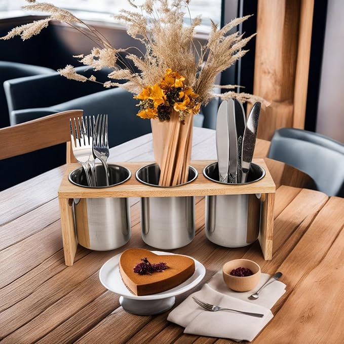 ZOOFOX 3 Pack Silverware Holder, Stainless Steel Utensil Organizer with Wood Base, Flatware Caddy for Spoons, Knives and Forks, Great for Kitchen Table, Cabinet, Pantry - Image 6