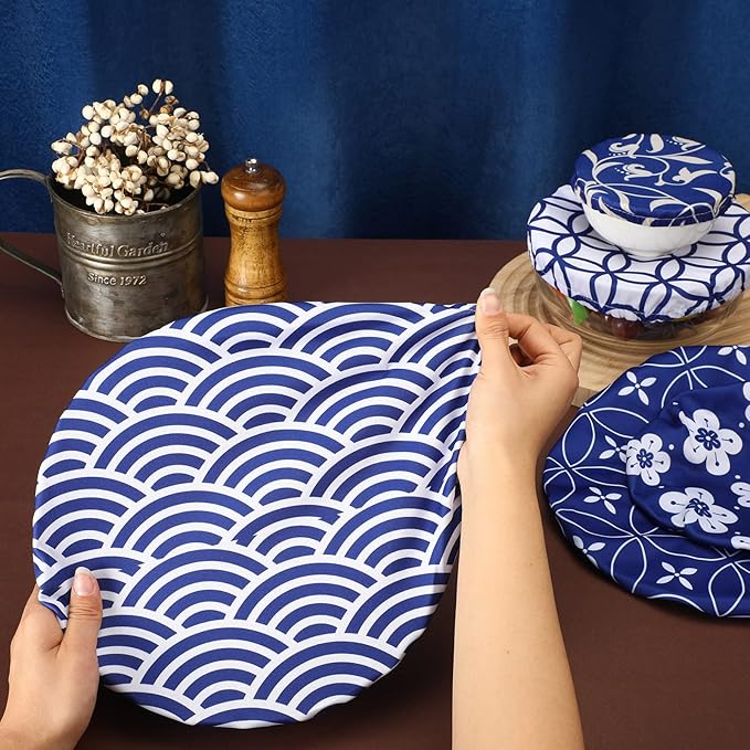 Patelai 10 Pcs Bowl Covers Reusable in 5 Size Stretch Cloth Fabric Elastic Food Storage Bowl Covers Bread Sourdough Lids for Proofing Food Fruits Leftover(Blue White,Stylish Style) - Image 6
