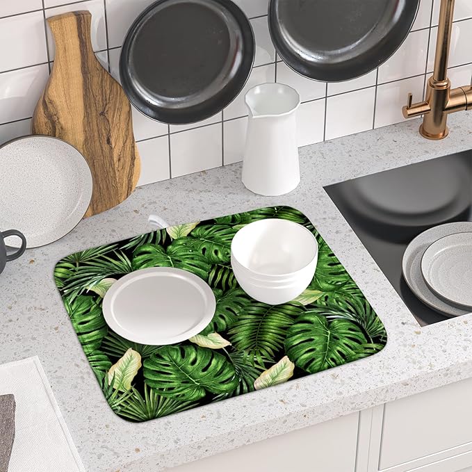 Giwawa Tropical Palm Leaf Dish Drying Mat for Kitchen Countertop, 16"x18" Summer Green Monstera Dish Drainer Mats, Hawaiian Banana Leaves Fast Dry Microfiber Large Dish Drying Pad Decoration
