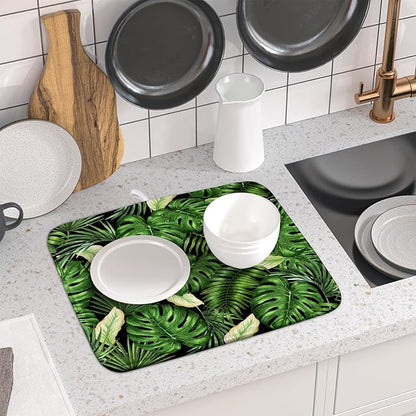 Giwawa Tropical Palm Leaf Dish Drying Mat for Kitchen Countertop, 16"x18" Summer Green Monstera Dish Drainer Mats, Hawaiian Banana Leaves Fast Dry Microfiber Large Dish Drying Pad Decoration