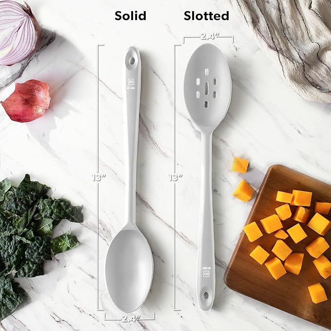 DI ORO Silicone Spoons for Cooking - Large Kitchen Utensils for Mixing, Serving, & Stirring - 600F Heat-Resistant Non Stick - Big Solid & Slotted Basting Spoons - Dishwasher Safe (2pc, Stone) - Image 6