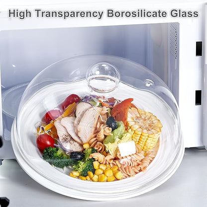 10 Inch Borosilicate Glass Microwave Splatter Cover for Food, All Glass Tall Splatter Guard Microwave Plate Light Serving Dish Covers Lid with Handle for Heating Food