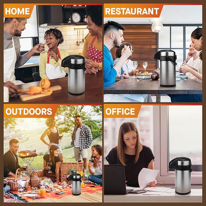 Airpot Coffee Dispenser with Pump - 140 oz Insulated Stainless Steel Coffee Carafe - Thermal Beverage Dispenser - Coffee Urn for Hot/Cold Water, Party Chocolate Drinks - Image 7