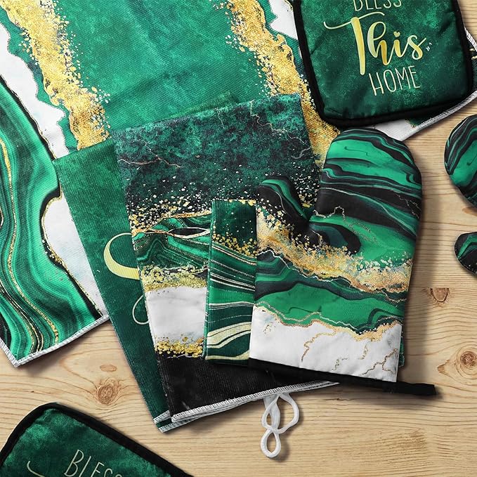 Leinuosen 8 Pcs Kitchen Towels and Dishcloths Sets Oven Mitts and Pot Holders Sets Absorbent Kitchen Gloves Potholders Heat Resistant for Chef Baking Cooking (Green,Marble)