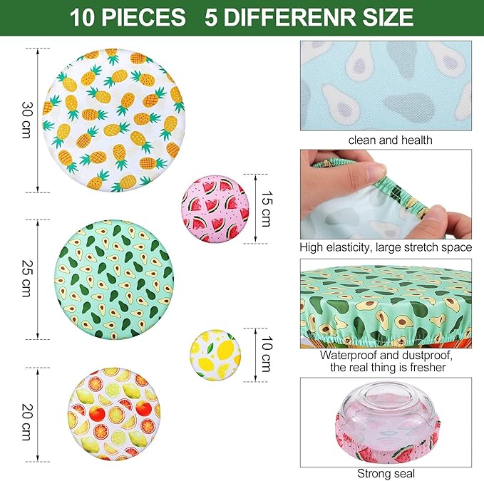 Patelai 10 Pcs Bowl Covers Reusable in 5 Size Stretch Cloth Fabric Elastic Food Storage Bowl Covers Bread Sourdough Lids for Proofing Food Fruits Leftover (Bright,Summer Style) - Image 2