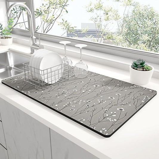 Rnivvi Dish Drying Mat for Kitchen Counter, 12 x 19" Cute Flower Theme Super Absorbent Draining Pad, Non-Slip Heat Resistant Coffee Bar Mats for Coffee Machine Station Accessories, Grey Dish Rack Pad by Rnivvi