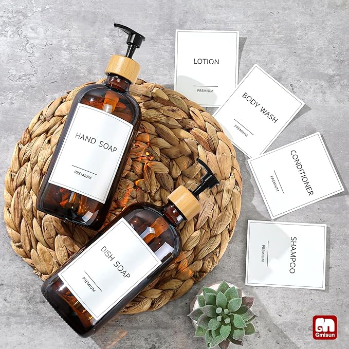 GMISUN Amber Glass Soap Dispenser, 2 Pack Bathroom Hand Soap Dispensers with Bamboo Pump, 17 Fl Oz Kitchen Hand and Dish Soap Dispenser Set, Modern Vintage Liquid Brown Soap Dispensers Bottle - Image 7