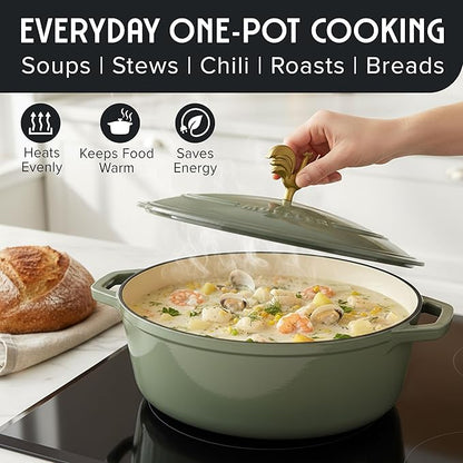 MUELLER HOME 5.5 Quart Enameled Cast Iron Oval Dutch Oven w Rooster Knob & Cotton Potholders, Heavy-Duty Cookware, Oven-Safe up to 500° F & Across All Cooktops, Gifts for Grandma & Women, Thyme Green - Image 6