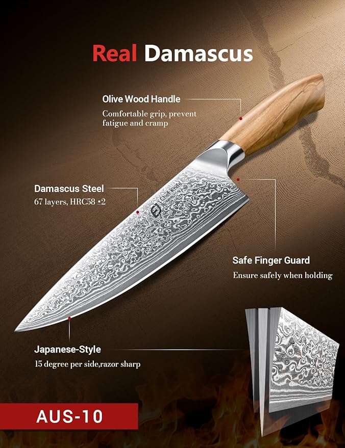 Emojoy Damascus Kitchen Knife Set, 3 PCS Japanese Chef Knife Set, 67-Layers Damascus Knife with Original Olive Wood Handle, Include Wooden Gift Box - Image 3