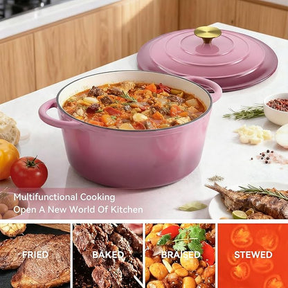 Miereirl 6 Quart Enameled Dutch Oven Pot with Lid, Cast Iron Dutch Oven with Dual Handles for Bread Baking, Cooking, Non-stick Enamel Coated Cookware, Rose - Image 4