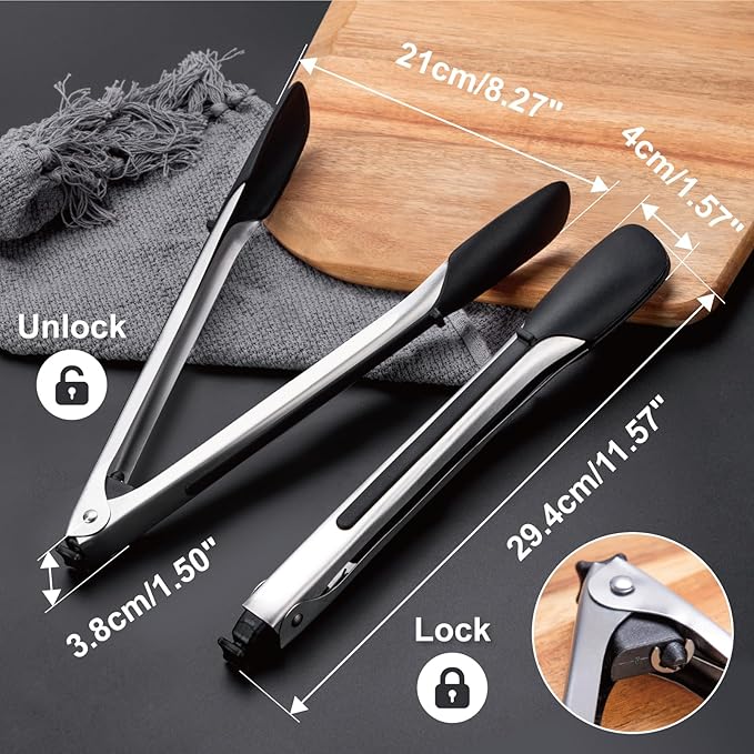 600ºF Heat Resistant Kitchen Tongs, 11.57 inch Tongs for Cooking with Silicone Tips, Non Scratch, Locking Tong for BBQ Grilling Air Fryer Food Salads, Set of 2