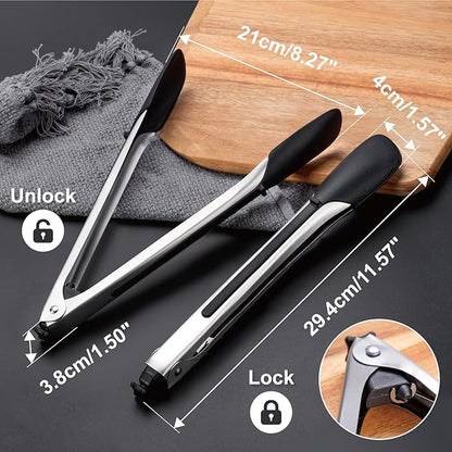 Stainless Steel Heat Resistant Kitchen Tongs for Cooking, Set of 2 11.57" BBQ Tong, Non Scratch Silicone Tip for Pans, Strong Grip, Grab Food, Toss Salad, Air Fryer, Grilling and Outdoor Cooking