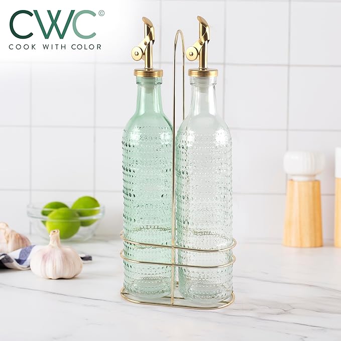 COOK WITH COLOR Glass Olive Oil Bottle Dispenser - 2 Pack- 17oz Oil and Vinegar Cruet - Olive Oil Carafe Decanter for Kitchen, Champagne Bubbles, Green - Image 6