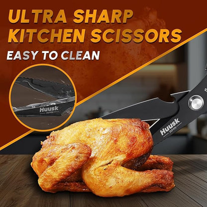 HUUSK Kitchen Scissors for Food - Stainless Steel Kitchen Shears, Sharp Black Meat Scissors Dishwasher Safe, Heavy Duty Poultry Shears, Japanese Cooking Scissor for Chicken, Christmas Gifts for Men - Image 2