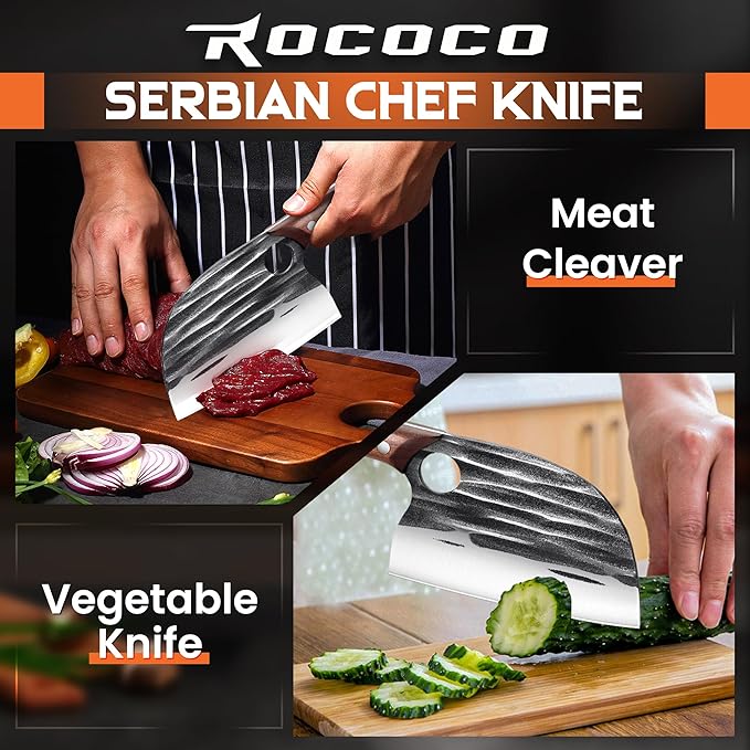 ROCOCO Japanese Serbian Chef Knife - Hand Forged Butcher Viking Cleaver Full Tang with Sheath BBQ Birthday Christmas Day Gift Men 6.2"