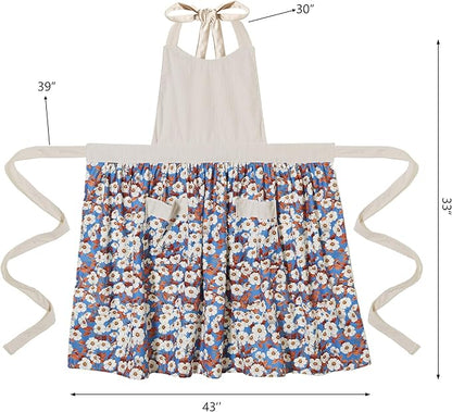 Cute Floral Aprons for Women with Pockets,Cotton Adjustable Neck Strap Apron for Kitchen Cooking Baking Gardening