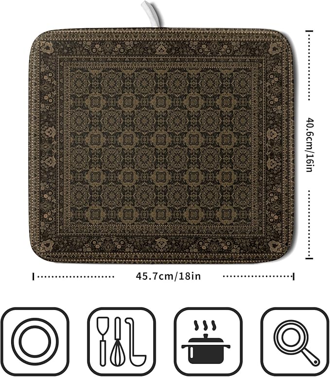 Brown Antique Tabriz Rug Dish Drying Mat for Kitchen Counter,Retro Turkish Vintage Floral Block Print Drying Mat 16 x 18 Inch with Absorbent Reversible Microfiber Drying Pad for Coffee Bar - Image 2