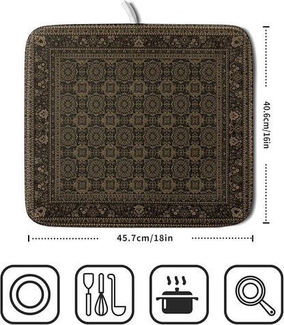 Brown Antique Tabriz Rug Dish Drying Mat for Kitchen Counter,Retro Turkish Vintage Floral Block Print Drying Mat 16 x 18 Inch with Absorbent Reversible Microfiber Drying Pad for Coffee Bar - Image 2