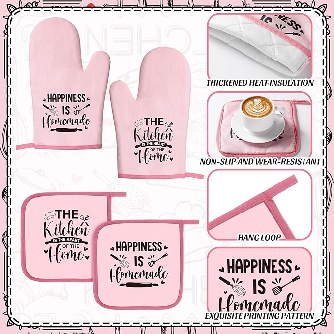 Bencailor 12 Pcs Farmhouse Kitchen Decorations Sets 8 Pink Black Kitchen Dish Towels 2 Pot Holders 2 Oven Mitts Glove Rustic Hand Towels and Dishcloths for Home Accessories Mom Gifts