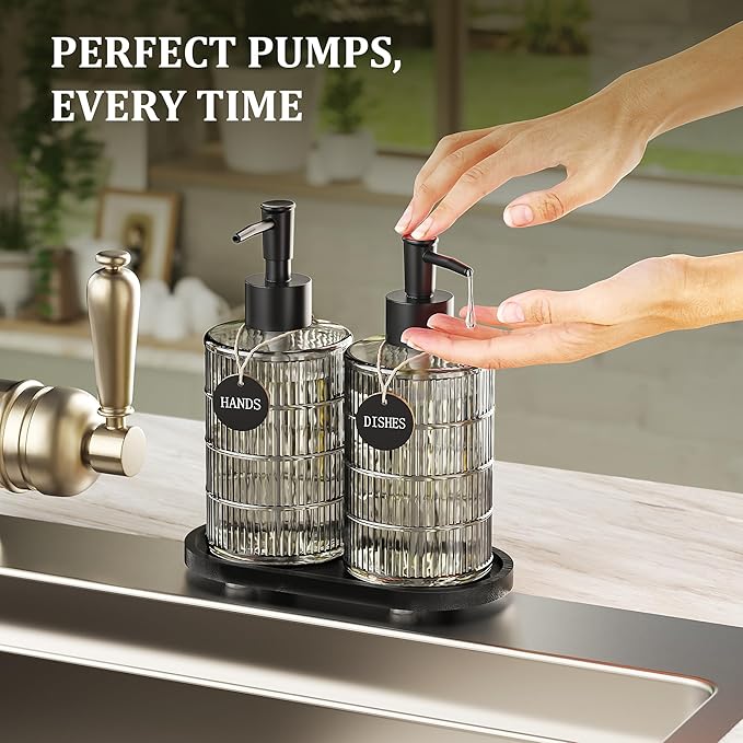 MASADI Soap Dispenser Set with Bamboo Tray, Dish and Hand Soap Lotion Dispenser Set with Wooden Pump for Kitchen and Bathroom Decor for Counter, Modern Vintage Liquid Soap Dispensers (Grey&Black) - Image 4
