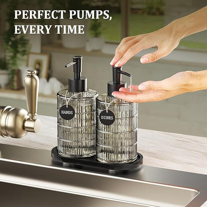 MASADI Soap Dispenser Set with Bamboo Tray, Dish and Hand Soap Lotion Dispenser Set with Wooden Pump for Kitchen and Bathroom Decor for Counter, Modern Vintage Liquid Soap Dispensers (Grey&Black) - Image 4