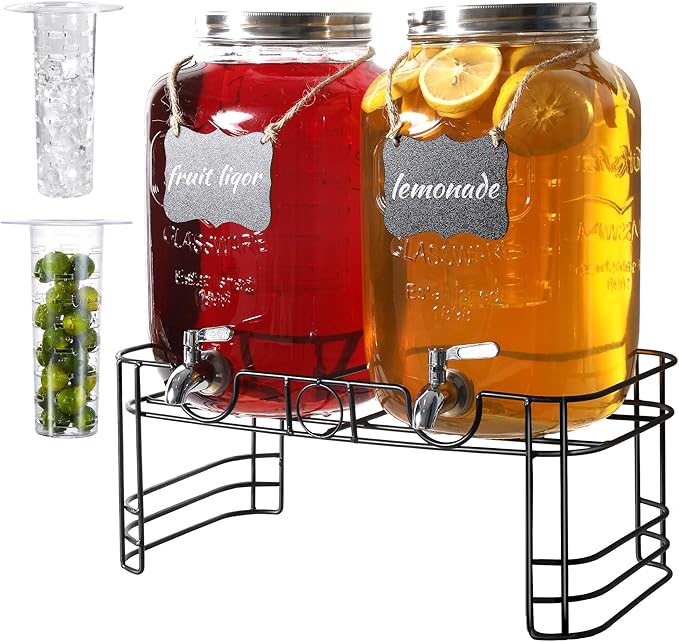 2 Gallon Drink Dispensers for Parties, 2 Pack Glass Beverage Dispenser with Stand & 18/8 Stainless Steel Spigot, Lemonade Jug for Wedding, Picnic, BBQ by JOFUYU