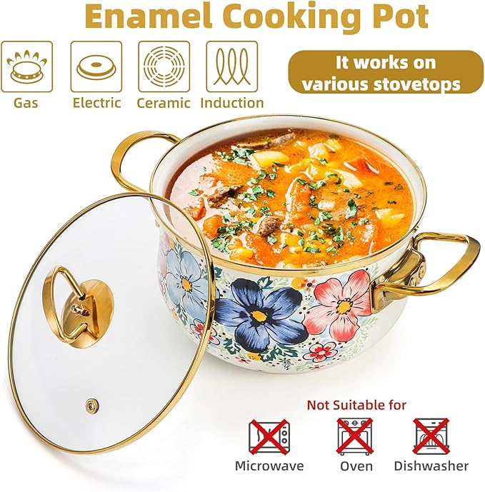 SOUJOY 3 Quart Enamel Cooking Pot with Glass Lid, Non-Stick Soup Pot with Handle, Vintage Floral Bean Stew Simmer Pot for Kitchen, Induction & Gas Stove Safe, Mother's Day, Wedding, Christmas Gift - Image 4